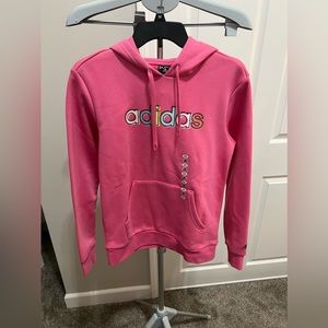 Adidas Pink Long Sleeve Multi Color Logo Fleece Hoodie Size XS NWT